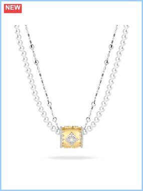 S925 Sterling Silver Pearl Necklace Layered 14K Gold Plated Clover Pendant